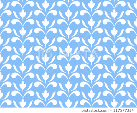 Flower geometric pattern. Seamless vector background. White and blue ornament. Ornament for fabric, wallpaper, packaging. Decorative print 117577334