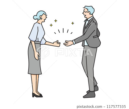 Men and women shaking hands - Negotiations concluded - Contract - Success - Business people men and women full body sideways - Simple vector illustration material 117577335