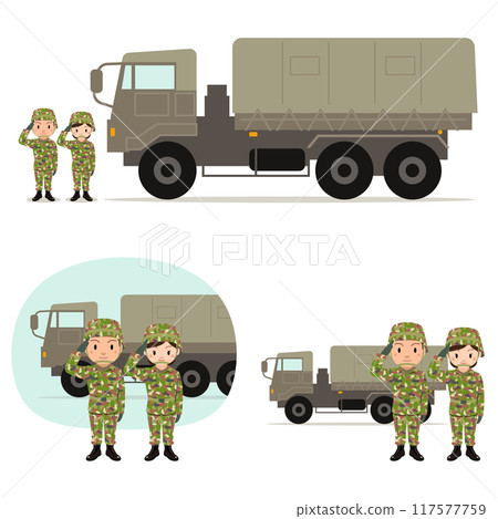 自衛隊 敬禮的男女自衛隊人員和一輛卡車的插圖 自衛隊 敬禮的男女自衛隊人員和一輛卡車的插圖 117577759