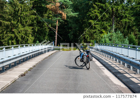 Heidenau, Germany, July 18, 2024 - Pedestrian and cycling bridge over the A1 highway 117577874