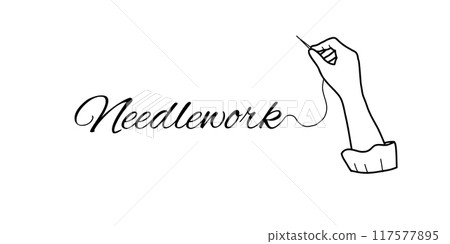 Needlework Concept. Embroidering Female Hand holding Needle with Thread isolated on a white background. Hand drawn Vector Illustration. Vintage style. Outline graphics of Hobby, Sewing and Embroidery Needlework Concept. Embroidering Female Hand holding Needle with Thread isolated on a white background. Hand drawn Vector Illustration. Vintage style. Outline graphics of Hobby, Sewing and Embroidery 117577895
