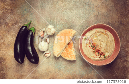 Babaganoush, eggplant appetizer, traditional Lebanese cuisine, homemade, no people, 117578016