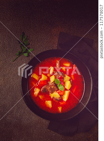 meat goulash, with potatoes and carrots, sweet pepper, traditional Hungarian soup, homemade, no people, 117578017