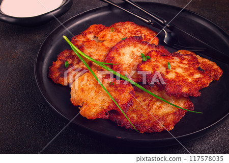 potato pancakes, pancakes with sour cream, Belarusian dish, homemade, no people, 117578035