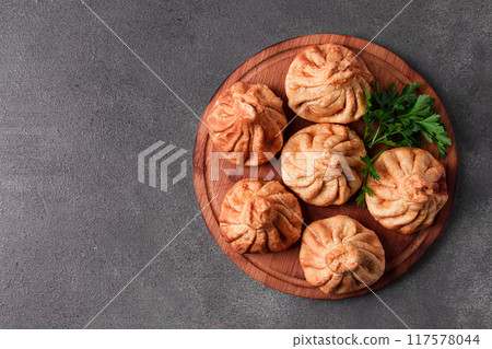 Deep-fried khinkali, khinkali with meat, traditional Georgian dish, no people, Deep-fried khinkali, khinkali with meat, traditional Georgian dish, no people, 117578044
