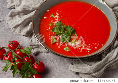 tomato soup, with herbs and spices, homemade, no people, 117578071