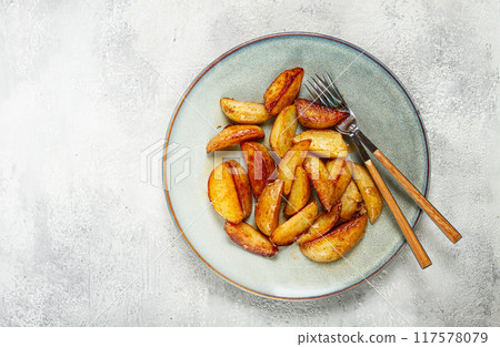 fried potato slices, on a plate, top view, homemade, no people, fried potato slices, on a plate, top view, homemade, no people, 117578079