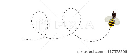 Bee flying doted path, line way. Bumblebee fly route journey for travel. Honey product design, Bee with cute wings. 117578206