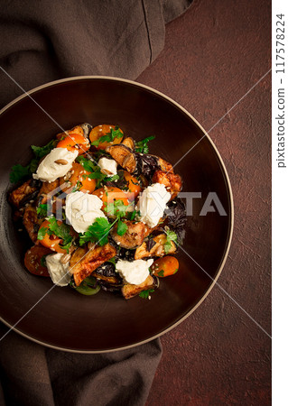 Warm Salad with crispy eggplant and tomatoes, cottage cheese, spices, herbs, sesame seeds, sunflower seeds, Georgian cuisine, no people, Warm Salad with crispy eggplant and tomatoes, cottage cheese, spices, herbs, sesame seeds, sunflower seeds, Georgian cuisine, no people, 117578224