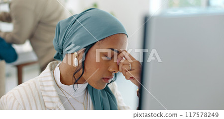 Business, headache and muslim woman in office with stress, feedback and review or problem. Anxiety, face and female manager frustrated by glitch, 404 or schedule disaster, mistake or tax audit crisis Business, headache and muslim woman in office with stress, feedback and review or problem. Anxiety, face and female manager frustrated by glitch, 404 or schedule disaster, mistake or tax audit crisis 117578249