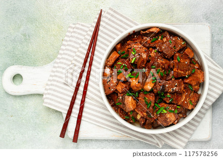 bulgogi, with mushrooms, with sesame seeds and green onions, Korean cuisine, homemade, no people, 117578256