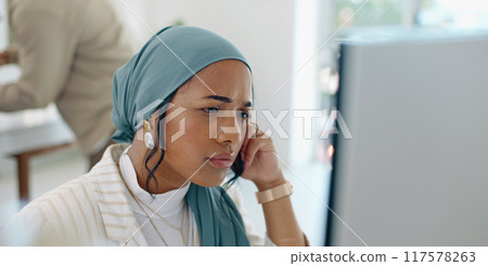 Working, thinking and Muslim woman in office on computer of problem solving, website review and internet. Creative agency, company and worker brainstorming for analytics, research report and planning Working, thinking and Muslim woman in office on computer of problem solving, website review and internet. Creative agency, company and worker brainstorming for analytics, research report and planning 117578263