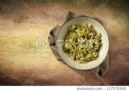 Jonjoli, Colchian klekachka, Georgian appetizer, pickled jonjoli, no people 117578308