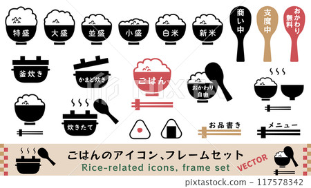 Rice icon, frame set material Vector illustration Rice White rice, rice scoop, extra large, large serving White background Rice icon, frame set material Vector illustration Rice White rice, rice scoop, extra large, large serving White background 117578342