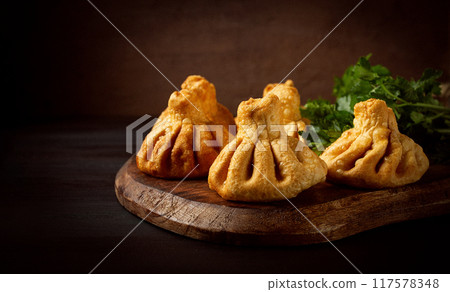 Deep-fried khinkali, khinkali with meat, traditional Georgian dish, no people, Deep-fried khinkali, khinkali with meat, traditional Georgian dish, no people, 117578348