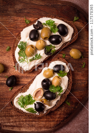Breakfast, sandwiches, with cream cheese, olives, top view, Breakfast, sandwiches, with cream cheese, olives, top view, 117578365