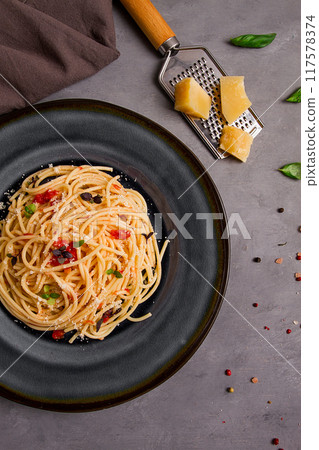 Pasta with tomato sauce and cheese, Italian traditional dish, close-up, no people, Pasta with tomato sauce and cheese, Italian traditional dish, close-up, no people, 117578374