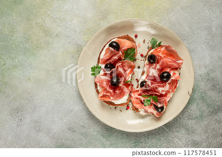 sandwich with cream cheese, prosciutto with olives , breakfast, sandwich with cream cheese, prosciutto with olives , breakfast, 117578451