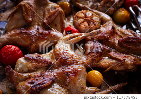 grilled quail meat, on a platter, tobacco, in the oven, with spices, homemade, without people, 117578455