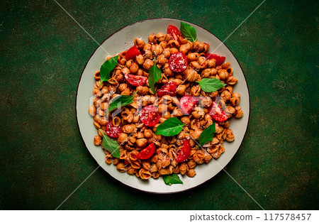 Tuscan pasta with smoked paprika and basil,parmesan cheese, Italian traditional cuisine, 117578457