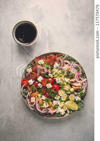 Cobb salad, keto food, top view, no people, close-up, 117578478