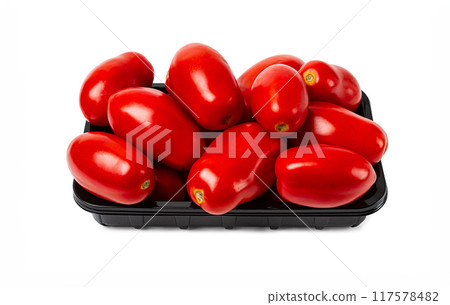 plum-shaped tomatoes, fresh, in a black plastic container, on a white background, isolate, plum-shaped tomatoes, fresh, in a black plastic container, on a white background, isolate, 117578482