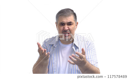 Man Looking Contemptuously at Camera and Gesturing with Hands 117578489