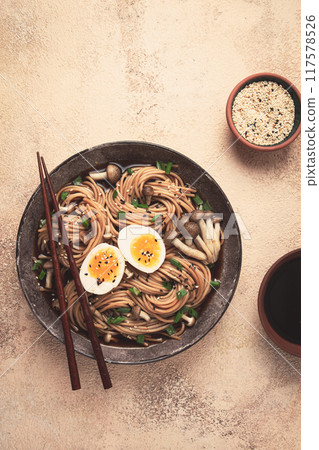 buckwheat noodles, soba, with shimeji mushrooms, boiled egg, green onion, homemade, no people, 117578526