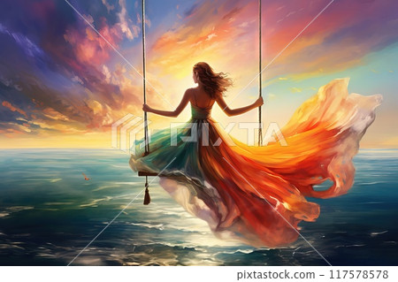 Watercolor woman on a swing over a ocean the sun is shining a sky 4k Generative AI 117578578