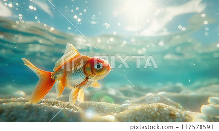 Close-up Goldfish standing in the water bright day The sun is shining realistic minimalism 117578591
