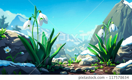 White Fresh Snowdrop Flowers Cartoon Environment Blooming Flowers Springtime Garden Delicate Blossoms Green Leaves Nature Scene Floral Landscape Early Spring Cartoon Illustration 117578634
