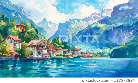 Swiss Village on Blue Lake Watercolour Landscape Illustration Alpine Village Crystal Clear Lake Scenic Mountain Reflection Swiss Countryside Tranquil Setting 117578684