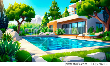Swimming Pool Outside Modern Cottage Cartoon Illustration Luxurious House Outdoor Area Clear Blue Water Relaxation Summer Scene Elegant Architecture Backyard Leisure Activity 117578712