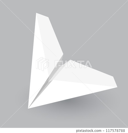Paper plane model. Origami handmade aircraft view. Vector white paper airplane with shadow, isolated on gray background 117578788