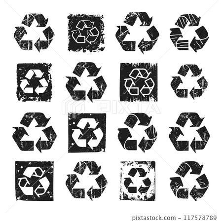 Recycle Signs Linocut Print Style Icons Set Recycling Symbols Neat Thick Strokes Eco-Friendly Icons Black on White Background Waste Management Sustainability Designs 117578789