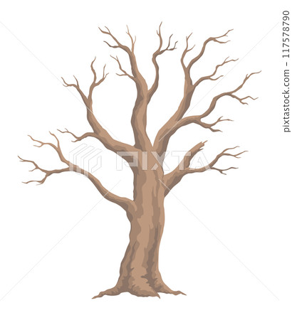 Old dead tree. Hand draw leafless trunk. Winter or autumn season plants icon, dry naked branch silhouette. Nature ecology problems concept. Isolated vector illustration 117578790