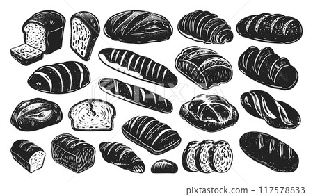 Loaves of Bread Linocut Print Style Icons Set Different Bread Types Neat Thick Strokes Detailed Bread Designs Black on White Background Artisan Bakery Icons 117578833