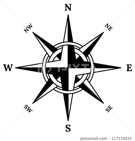 Retro compass icon. Hand drawn wind rose. Old vector design element for marine theme or heraldry. Vintage rose of wind for sea marine navigation 117578835