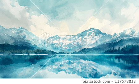 Lake with Snowcapped Mountains Watercolour Illustration Scenic Mountain Lake Snow-Covered Peaks Reflective Water Serene Landscape Alpine View Winter Wonderland Nature Beauty 117578838