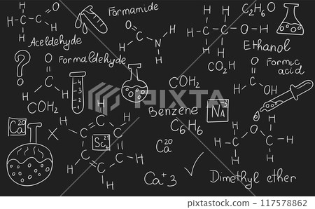 Chemistry formulas, science and education background. Chalkboard inscribed with scientific formulas and calculations in physics and mathematics. Retro vector illustration Chemistry formulas, science and education background. Chalkboard inscribed with scientific formulas and calculations in physics and mathematics. Retro vector illustration 117578862