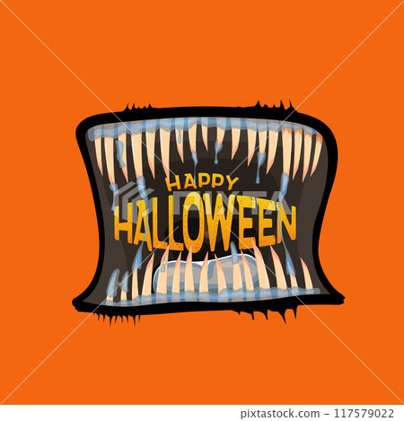 Vector Happy Halloween greeting card and poster with funny monster mouth. Cartoon vampire and zombie fangs. Cartoon funny zombie monster open mouth with drooling green slime and text Vector Happy Halloween greeting card and poster with funny monster mouth. Cartoon vampire and zombie fangs. Cartoon funny zombie monster open mouth with drooling green slime and text 117579022