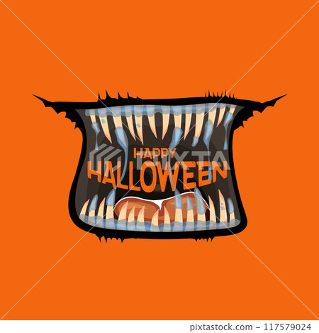 Vector Happy Halloween greeting card and poster with funny monster mouth. Cartoon vampire and zombie fangs. Cartoon funny zombie monster open mouth with drooling green slime and text 117579024