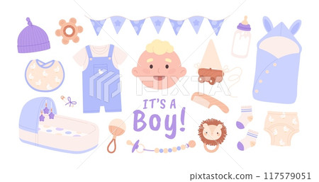 Boy baby shower. Newborn male accessories, toys and clothes. Bed pacifier banner with blue flags. Cartoon kid face, racy vector nursery elements 117579051