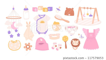 Newborn baby elements. Babies care items, toddler things. Baby clothes, bed toy mobil, cubes and toys. Maternity childhood racy vector collection 117579053