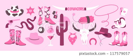 Pink cowgirl accessories. Girly fashion wild west style elements. Animal skull, hats boots dynamite and gun. Cartoon western racy vector clipart 117579057