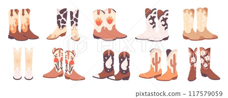 Cartoon cowboy boots. Stylish boot with floral ethnic ornaments. Fashion unisex shoes, traditional wild west style accessories, racy vector set 117579059