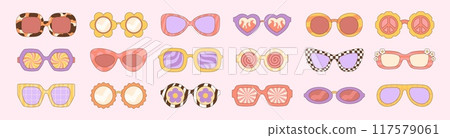 Groovy retro glasses. Vintage eyes accessories for sun protect, female hippie stylish plastic sunglass. Decorative printed sunglasses, racy vector clipart 117579061