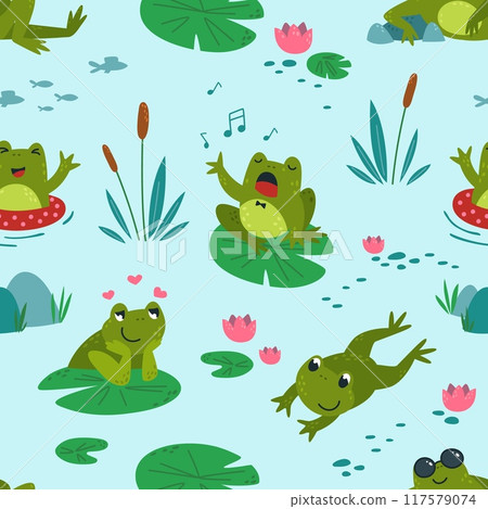 Frogs seamless pattern. Cute cartoon toads and swamp plants. Print design for children fabric, wrapping, wallpaper. Vibrant classy vector background 117579074
