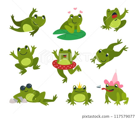 Funny frogs cartoon. Isolated frog different poses. Green cute toads, amphibian sitting eating singing go to swim. Positive classy vector characters Funny frogs cartoon. Isolated frog different poses. Green cute toads, amphibian sitting eating singing go to swim. Positive classy vector characters 117579077