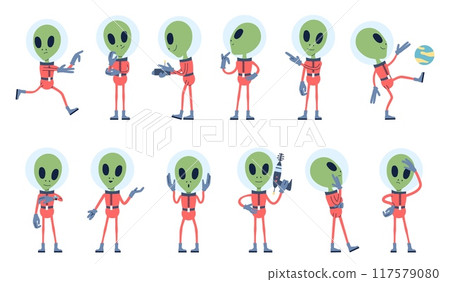 Flat aliens. Green skin creatures wear space suit. Cartoon alien sitting and thinking, using blaster running and play ball. Ufo recent vector character 117579080